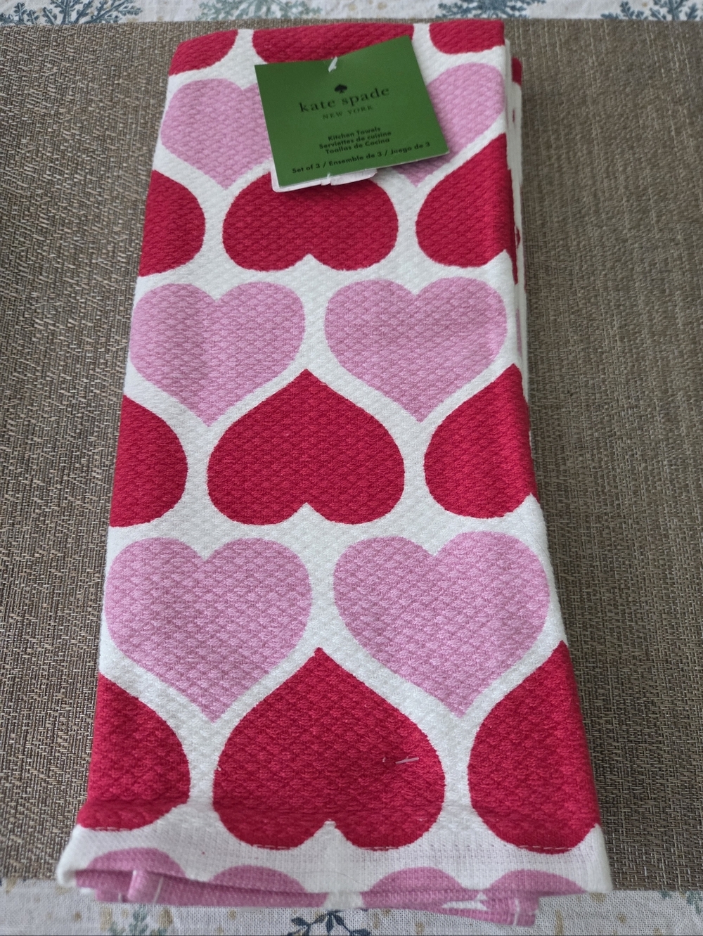 kate spade pink and red heart kitchen towels, Set Of Three